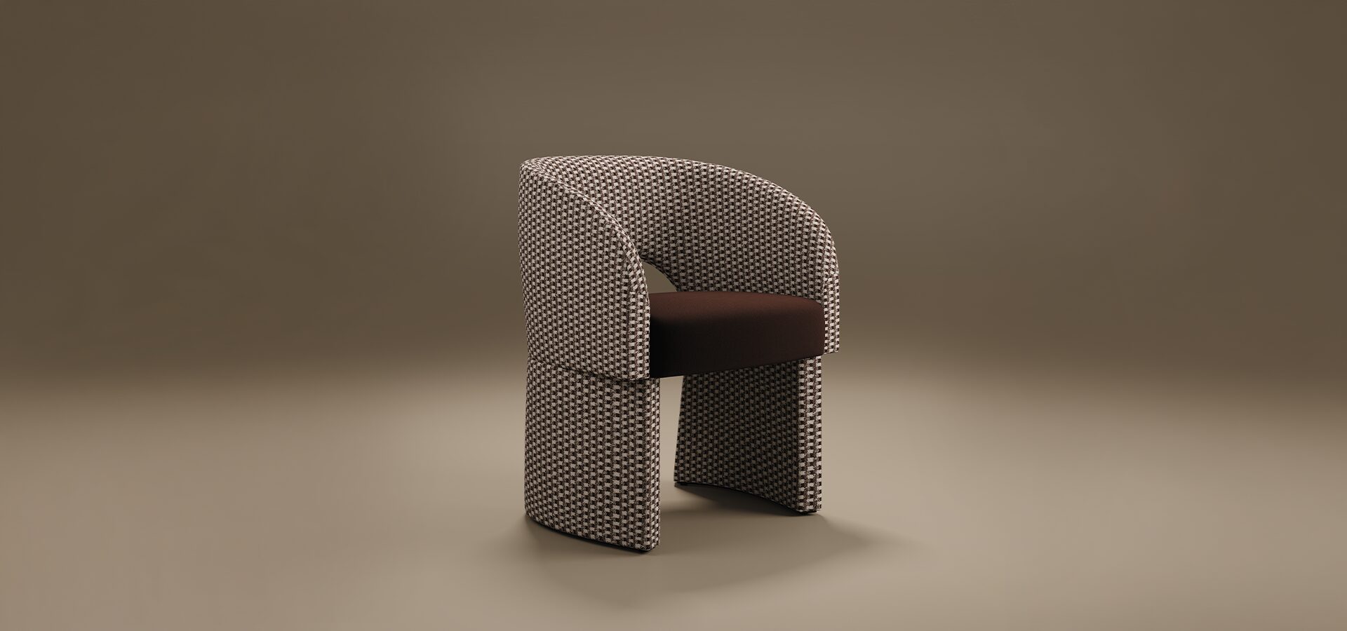 The Montana Dining Chair by Porus Studio, featuring a curved barrel back and architectural base in a black and white patterned weave with a dark brown velvet seat.