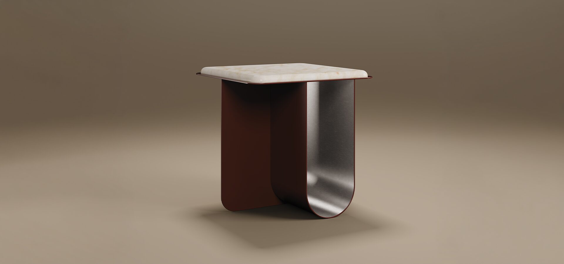 A luxury Bowery Side Table by Porus Studio featuring a thick, square white marble top with rounded corners. The tabletop is supported by a sculptural U-shaped metal base finished in matte burgundy lacquer on the outside and polished silver metal on the curved interior. The minimalist, industrial-inspired design is presented in a studio setting against a neutral, warm-toned background.