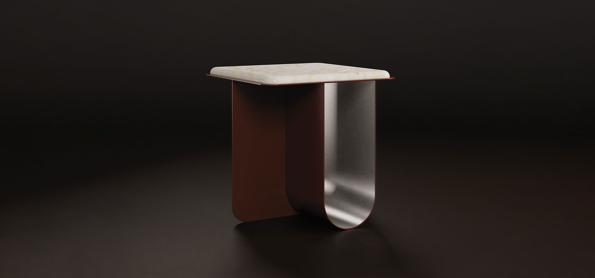 Bowery Side Table set against a deep, dark brown backdrop at a 45º angle. Its robust lacquered stainless steel frame forms a sleek, architectural foundation, while carefully chosen marble accents bring a whisper of organic luxury. The interplay between industrial precision and the timeless elegance of stone ensures that each perspective unveils a new facet of refinement.