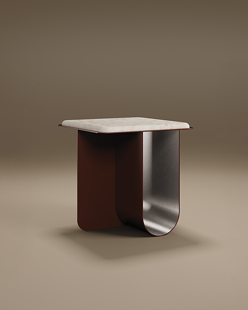 A luxury Bowery Side Table by Porus Studio featuring a thick, square white marble top with rounded corners. The tabletop is supported by a sculptural U-shaped metal base finished in matte burgundy lacquer on the outside and polished silver metal on the curved interior. The minimalist, industrial-inspired design is presented in a studio setting against a neutral, warm-toned background.