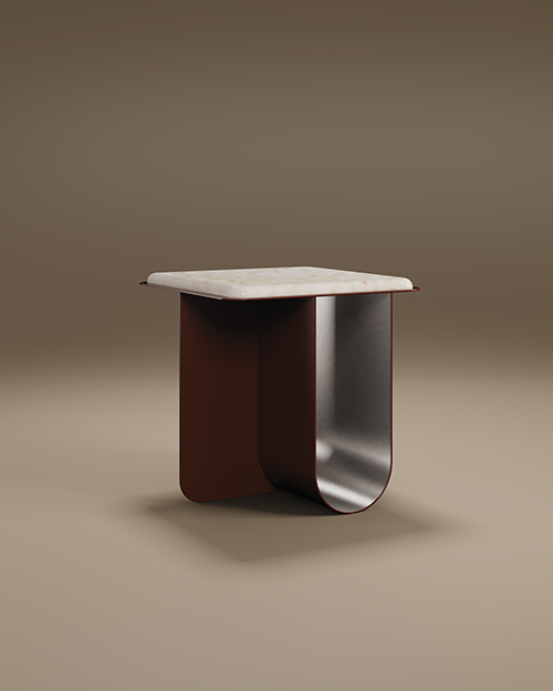 A luxury Bowery Side Table by Porus Studio featuring a thick, square white marble top with rounded corners. The tabletop is supported by a sculptural U-shaped metal base finished in matte burgundy lacquer on the outside and polished silver metal on the curved interior. The minimalist, industrial-inspired design is presented in a studio setting against a neutral, warm-toned background.