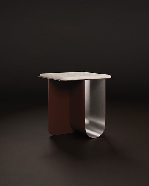 Bowery Side Table set against a deep, dark brown backdrop at a 45º angle. Its robust lacquered stainless steel frame forms a sleek, architectural foundation, while carefully chosen marble accents bring a whisper of organic luxury. The interplay between industrial precision and the timeless elegance of stone ensures that each perspective unveils a new facet of refinement.