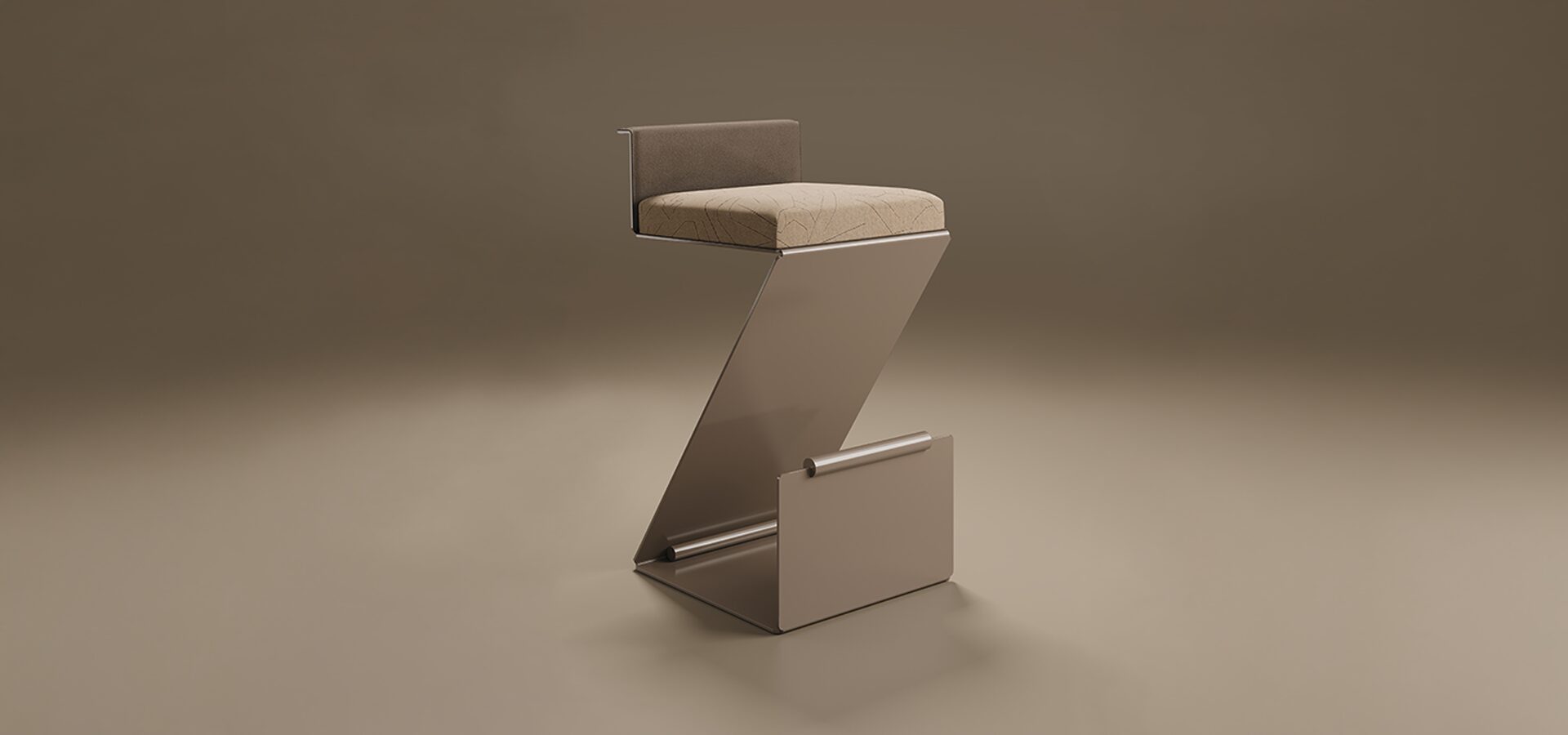 Lombard Bar Chair A sculptural Lombard Bar Chair featuring a bold, Z-shaped silhouette. The seat is upholstered in a light beige textured fabric with subtle geometric line patterns, while the low backrest features a darker taupe upholstery. The design includes a minimalist integrated footrest at the base with a cylindrical metal detail. Set against a solid, warm brown studio background.