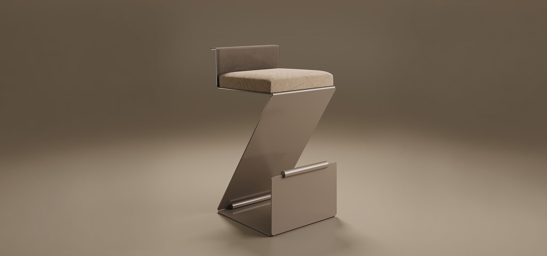 A sculptural Lombard Bar Chair featuring a bold, Z-shaped silhouette. The seat is upholstered in a light beige textured fabric with subtle geometric line patterns, while the low backrest features a darker taupe upholstery. The design includes a minimalist integrated footrest at the base with a cylindrical metal detail. Set against a solid, warm brown studio background.
