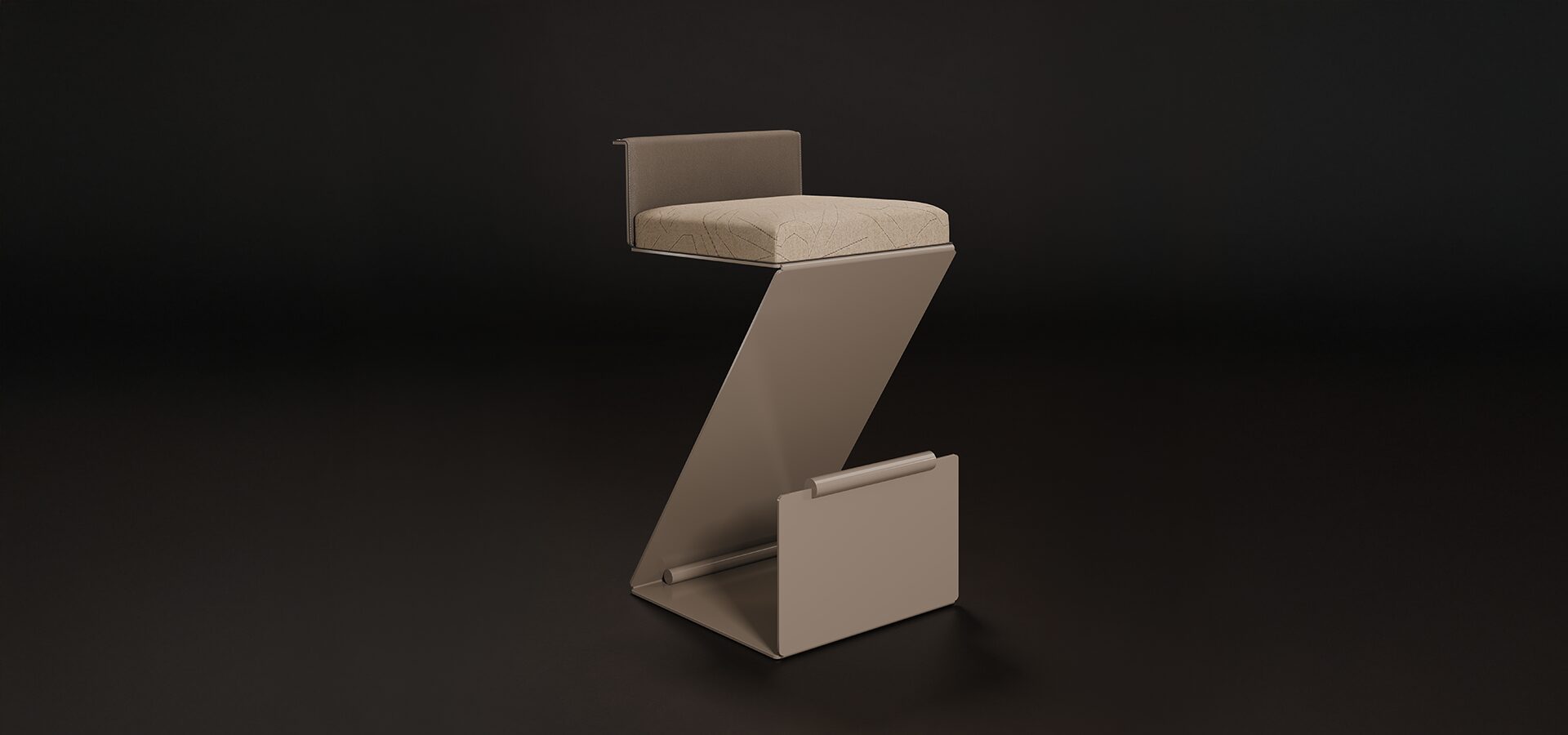 Lombard bar chair set against a dark brown background, featuring taupe lacquered stainless steel, Dedar Goodfellas 1 Corda upholstery, AMS Nabuk 3416 leather, brushed champagne stainless steel details, and American walnut accents.