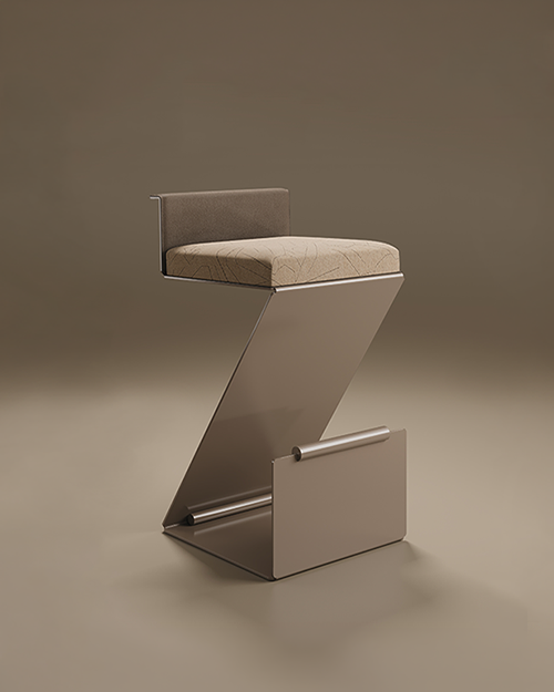 A sculptural Lombard Bar Chair featuring a bold, Z-shaped silhouette. The seat is upholstered in a light beige textured fabric with subtle geometric line patterns, while the low backrest features a darker taupe upholstery. The design includes a minimalist integrated footrest at the base with a cylindrical metal detail. Set against a solid, warm brown studio background.