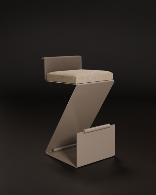 Lombard bar chair set against a dark brown background, featuring taupe lacquered stainless steel, Dedar Goodfellas 1 Corda upholstery, AMS Nabuk 3416 leather, brushed champagne stainless steel details, and American walnut accents.