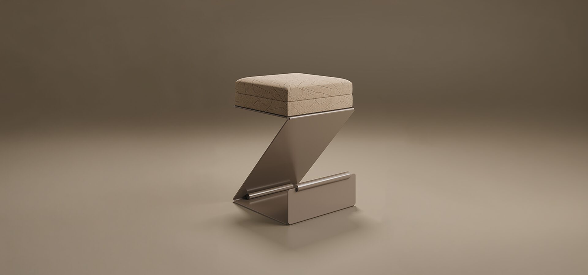 Lombard Bar Stool, showcasing its architectural Z-shaped cantilever design. The stool is crafted from a continuous sheet of metal with a integrated cylindrical footrest at the base. The square seat is thick and upholstered in a beige textured fabric featuring a subtle, etched geometric pattern. Set against a minimalist, warm brown studio background with soft floor reflections.