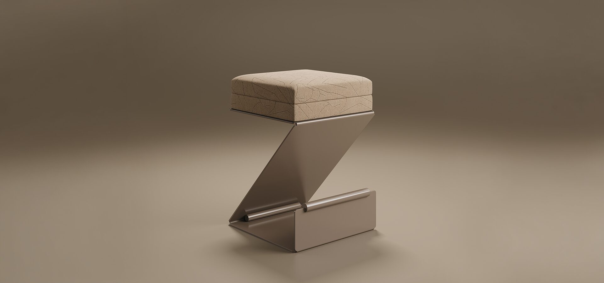 Lombard Bar Stool, showcasing its architectural Z-shaped cantilever design. The stool is crafted from a continuous sheet of metal with a integrated cylindrical footrest at the base. The square seat is thick and upholstered in a beige textured fabric featuring a subtle, etched geometric pattern. Set against a minimalist, warm brown studio background with soft floor reflections.