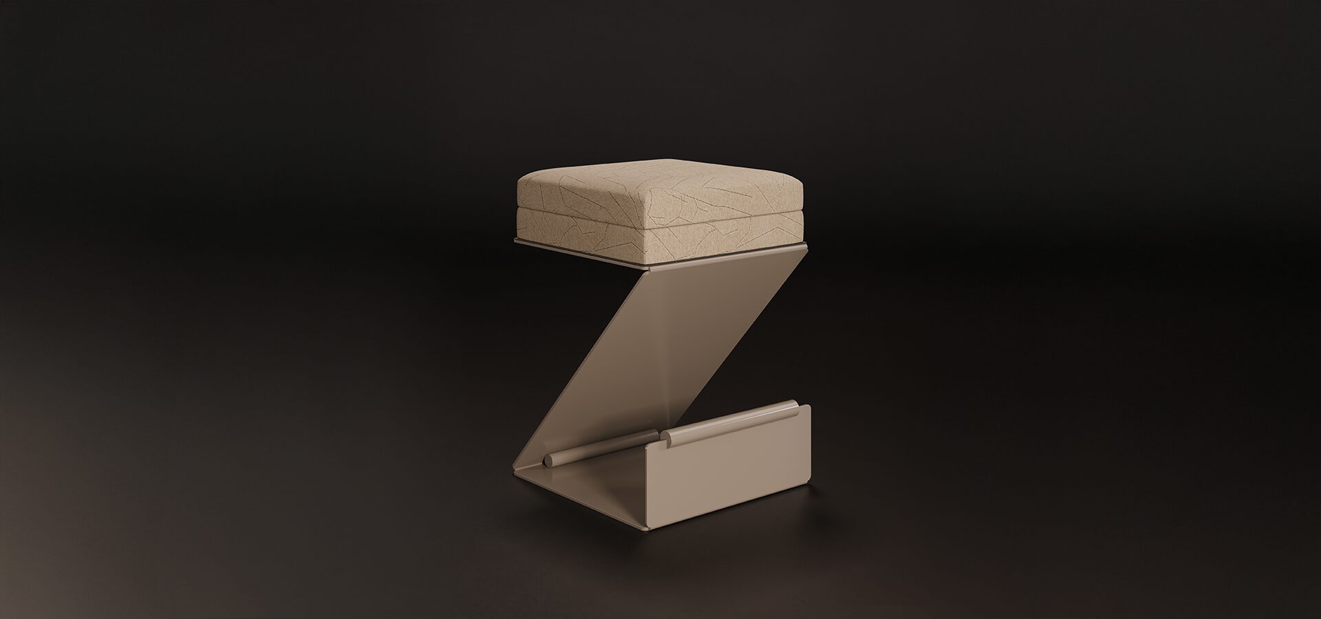 Lombard bar stool set against a dark brown background, featuring taupe lacquered stainless steel, Dedar Goodfellas 1 Corda upholstery, AMS Nabuk 3416 leather, brushed champagne stainless steel details, and American walnut accents.