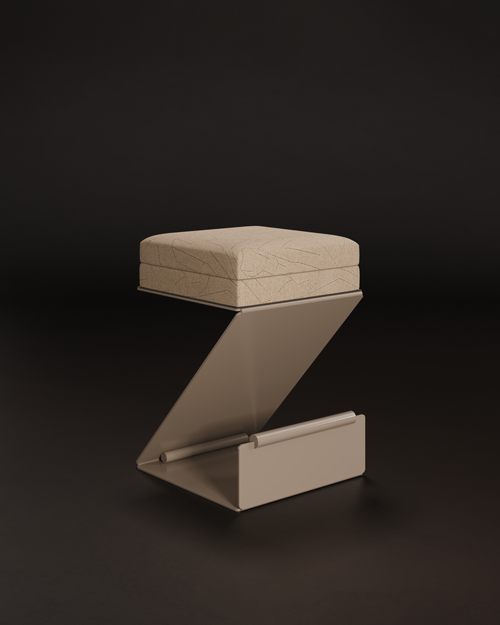 Lombard bar stool set against a dark brown background, featuring taupe lacquered stainless steel, Dedar Goodfellas 1 Corda upholstery, AMS Nabuk 3416 leather, brushed champagne stainless steel details, and American walnut accents.