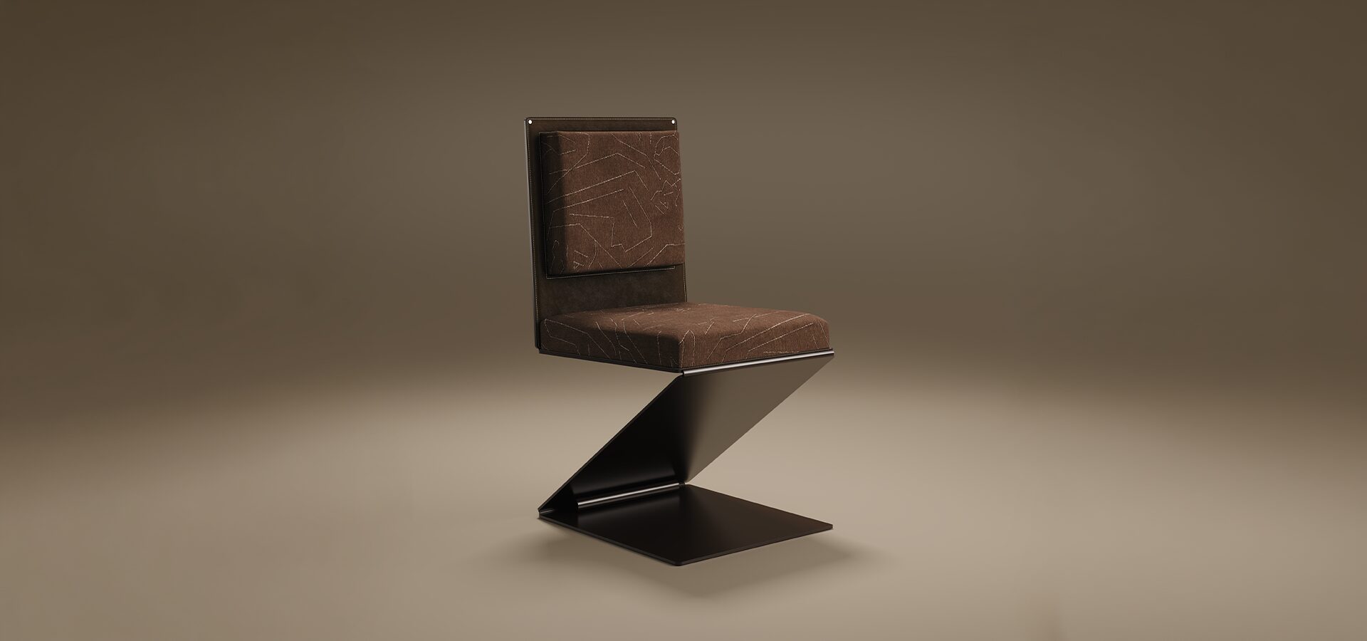 The Lombard Dining Chair by Porus Studio, featuring a unique Z-shaped black metal base and brown patterned upholstery.