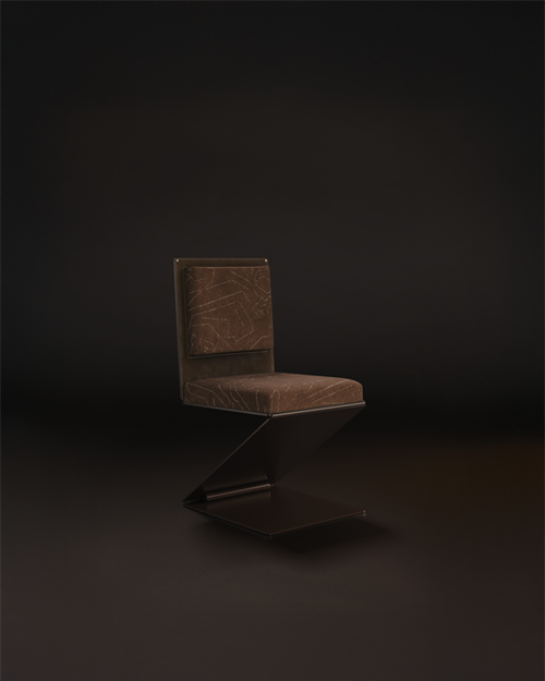 Lombard dining chair set against a dark brown background, featuring dark brown lacquered stainless steel, Dedar Goodfellas 2 Tabacco upholstery, AMS Nabuk 3406 leather, brushed gun metal stainless steel details, and walnut root accents.