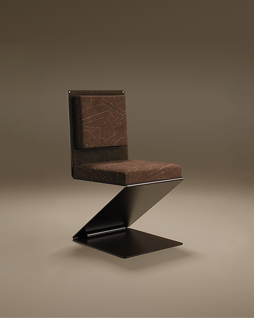 The Lombard Dining Chair by Porus Studio, featuring a unique Z-shaped black metal base and brown patterned upholstery.
