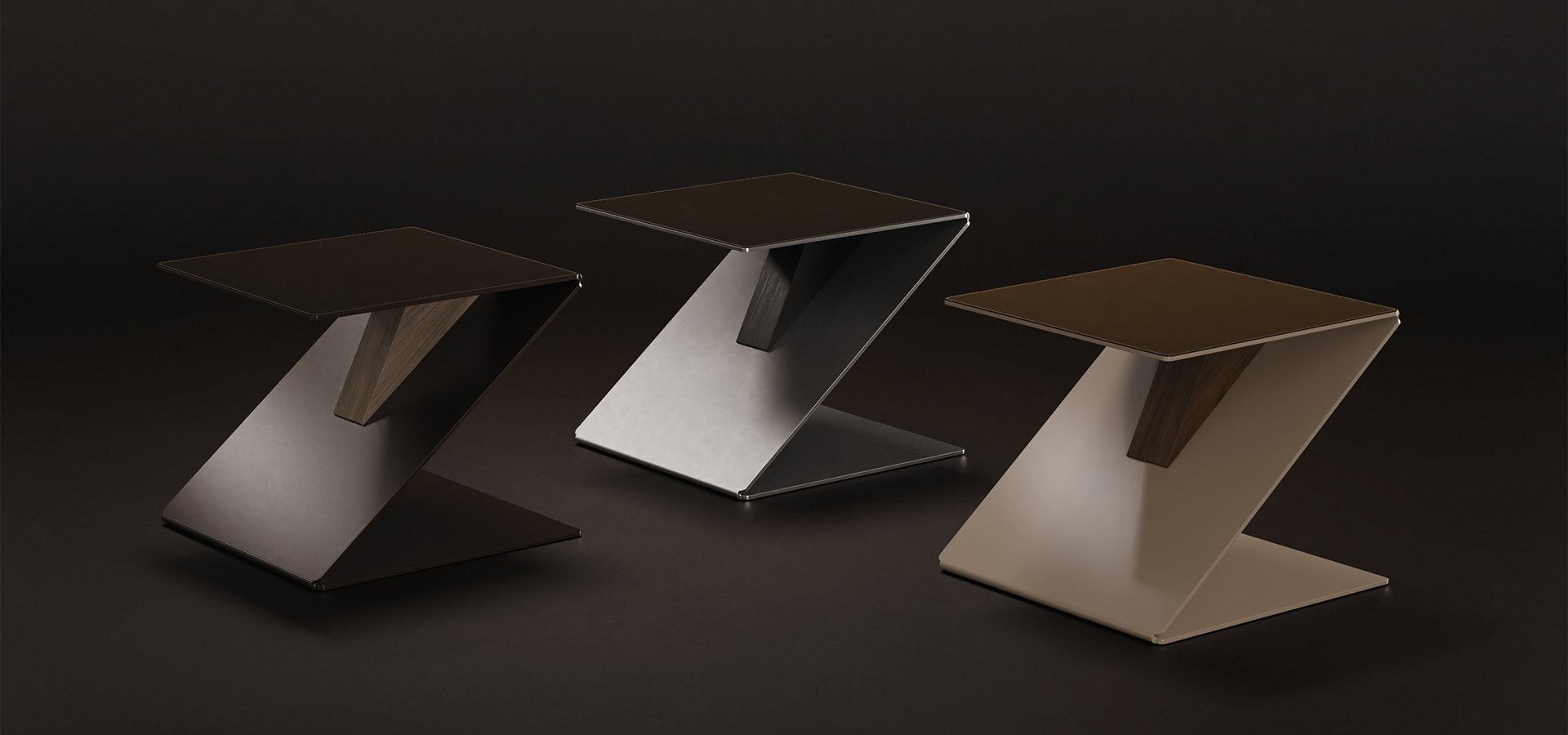 Three Lombard side tables set against a dark brown background, displayed in a variety of materials and color finishes.