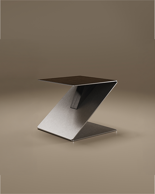 A luxury Lombard Side Table by Porus Studio, featuring a minimalist Z-shaped folded metal structure in a brushed stainless steel finish. The square top surface is inlaid with dark brown leather, and a small walnut wood support block is visible within the central fold. The sculptural, geometric piece is set against a neutral taupe background.