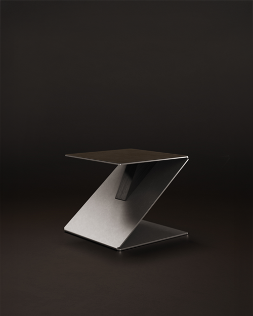 Lombard side table against a dark brown background, featuring brushed silver stainless steel, AMS Nabuk 3410 upholstery, and black-stained ash wood.