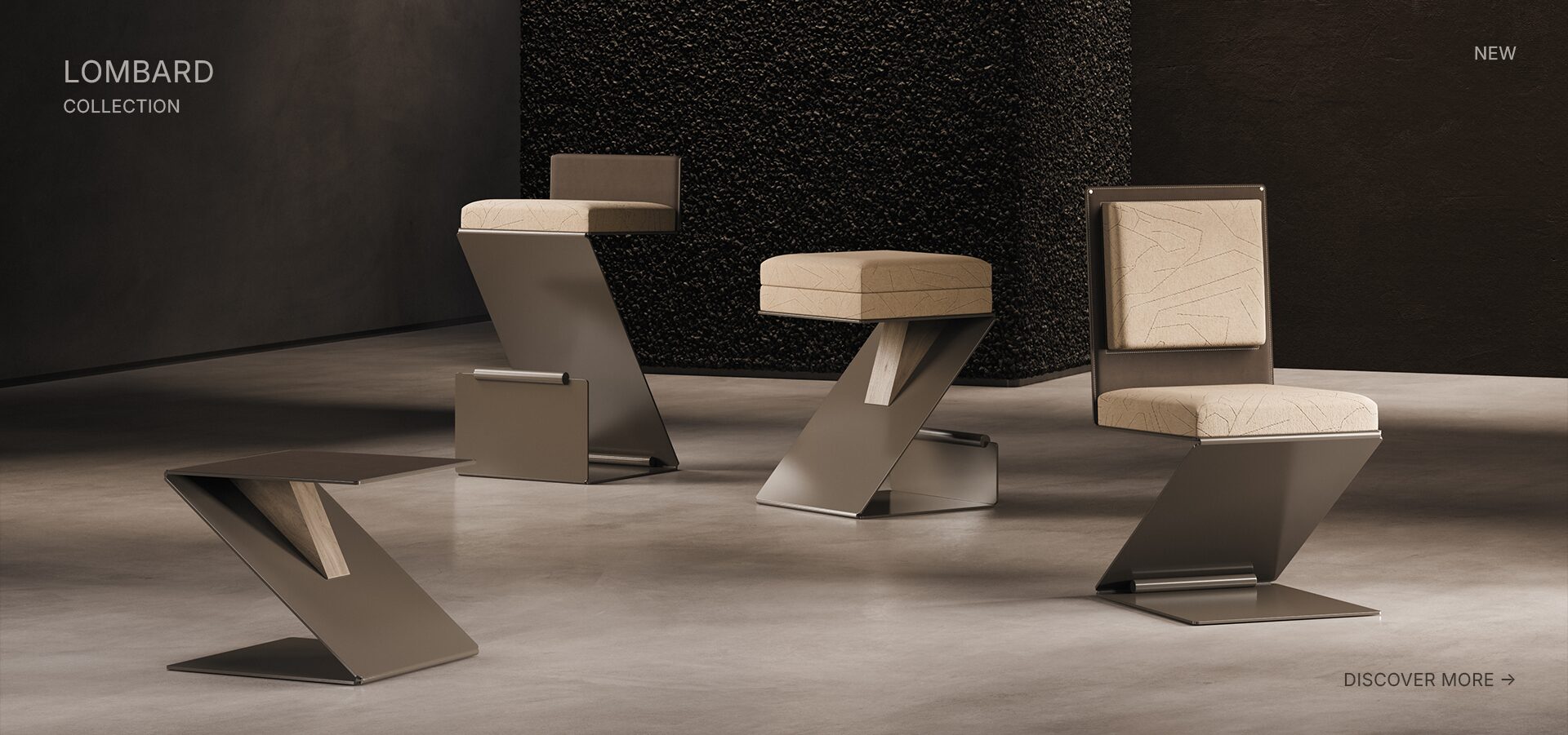 Collection view of Lombard furniture, including bar chair, dining chair, bar stool, and side table, all featuring silver stainless steel frames and beige upholstery.