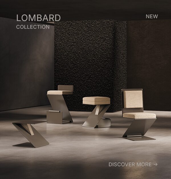 Collection view of Lombard furniture, including bar chair, dining chair, bar stool, and side table, all featuring silver stainless steel frames and beige upholstery.