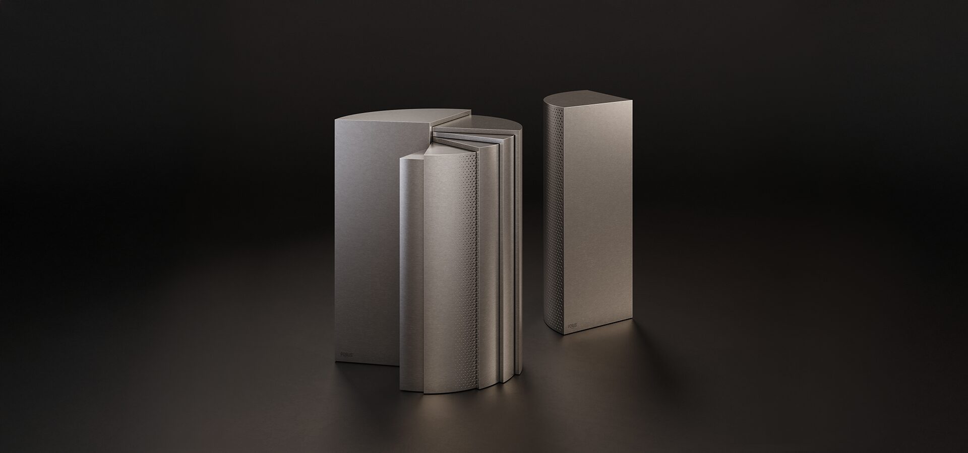 Two Seagram side tables in stainless steel and lacquered metal set against a dark brown background, shown opened and closed to reveal their modular, sculptural design that transforms from a solid monolithic block into an expanded form.