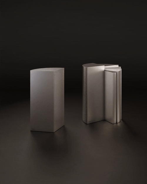 Two Seagram side tables in stainless steel and lacquered metal set against a dark brown background, shown opening and closing to reveal their modular, sculptural design that transforms from a solid monolithic block into an expanded form.