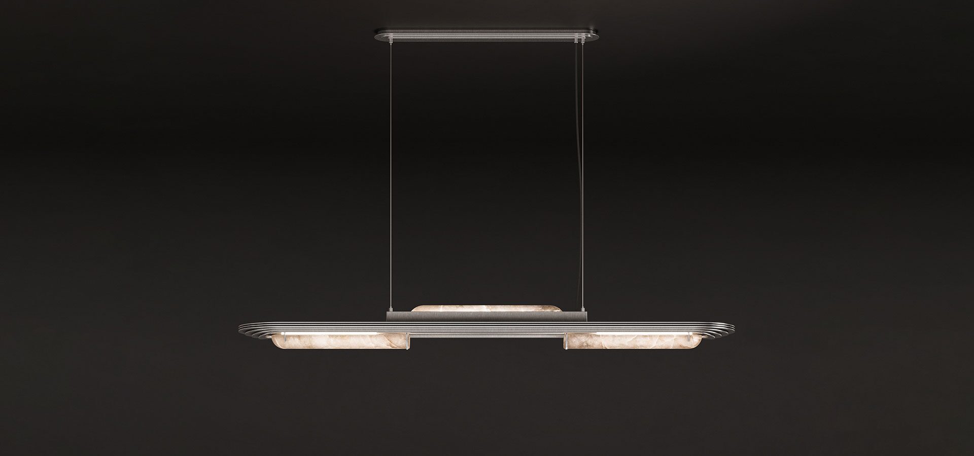 Front view of the Chrysler suspension lamp featuring brushed silver stainless steel and alabaster set against a dark background.