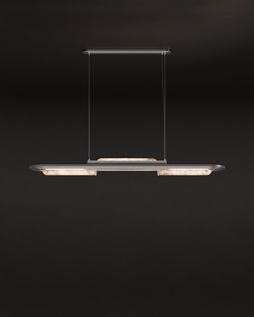 Front view of the Chrysler suspension lamp featuring brushed silver stainless steel and alabaster set against a dark background.