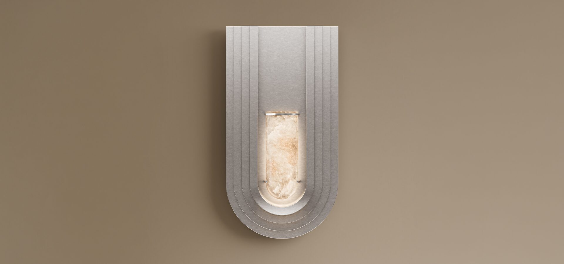 Porus Studio Chrysler Wall Lamp modern luxury wall sconce with tiered metal layers and warm alabaster lighting, designed for high-end interior architecture and sophisticated hallways.