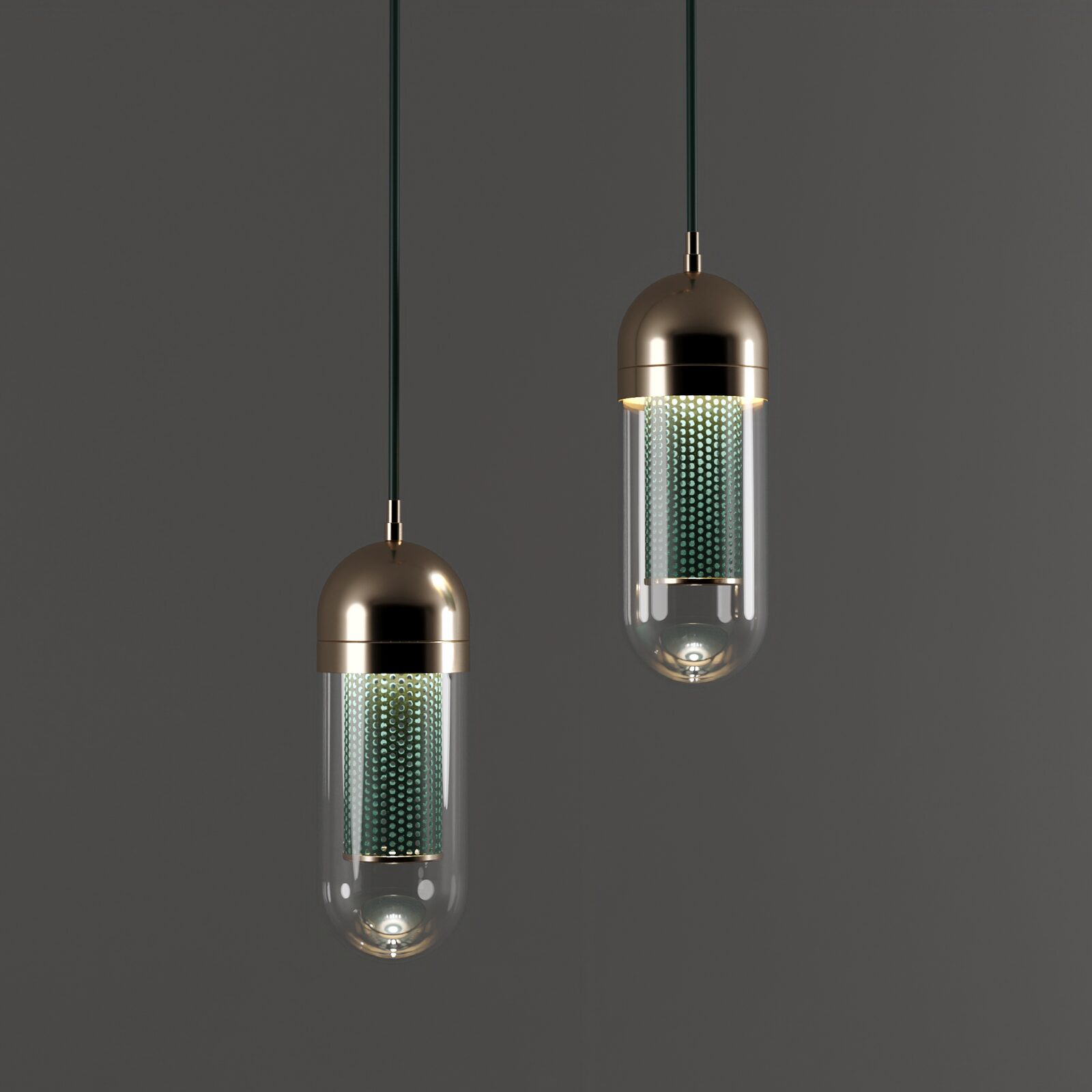 Denver II Pendant Lamp Denver II Pendant Lamp, designed by Porus Studio, features a sophisticated, asymmetric design suspended from a single ceiling mount. The structure is composed of a polished copper-toned stainless steel arch that supports two vertical cables of differing lengths. Each cable terminates in a capsule-shaped light fixture featuring a metallic top, a clear glass body, and an internal core of perforated lacquered green stainless steel that creates a textured, glowing effect. The overall aesthetic combines industrial precision with a warm, luxurious contemporary finish against a dark gray background.