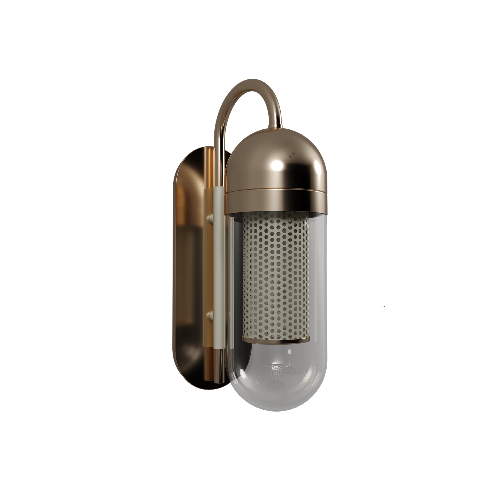 Denver Wall Lamp A studio shot of the Denver Wall Lamp featuring a cream or off-white lacquered perforated stainless steel interior cylinder. The lamp is shown turned off, emphasizing the subtle color palette of the cream mesh paired with the polished brass arm and clear glass capsule, presented against a clean, light grey background.