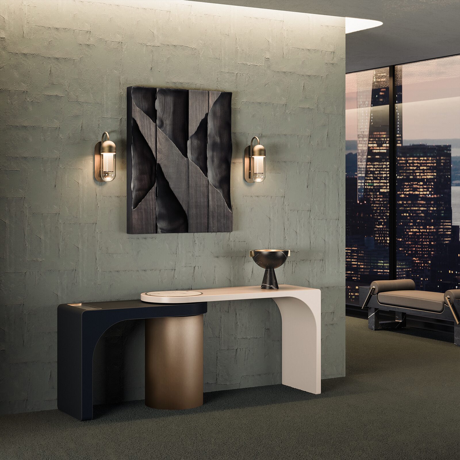 Denver Wall Lamp A luxury interior scene featuring a pair of illuminated Denver Wall Lamps by Porus Studio flanking a dark, abstract wood wall art piece. Below, the Florida Console stands as a focal point, showcasing its unique modular design with a curved cream-lacquered section overlapping a matte black structure, all supported by a large cylindrical brass base. The room features textured sage-green walls and a large window offering a stunning night view of a city skyline, creating a sophisticated and cosmopolitan atmosphere.
