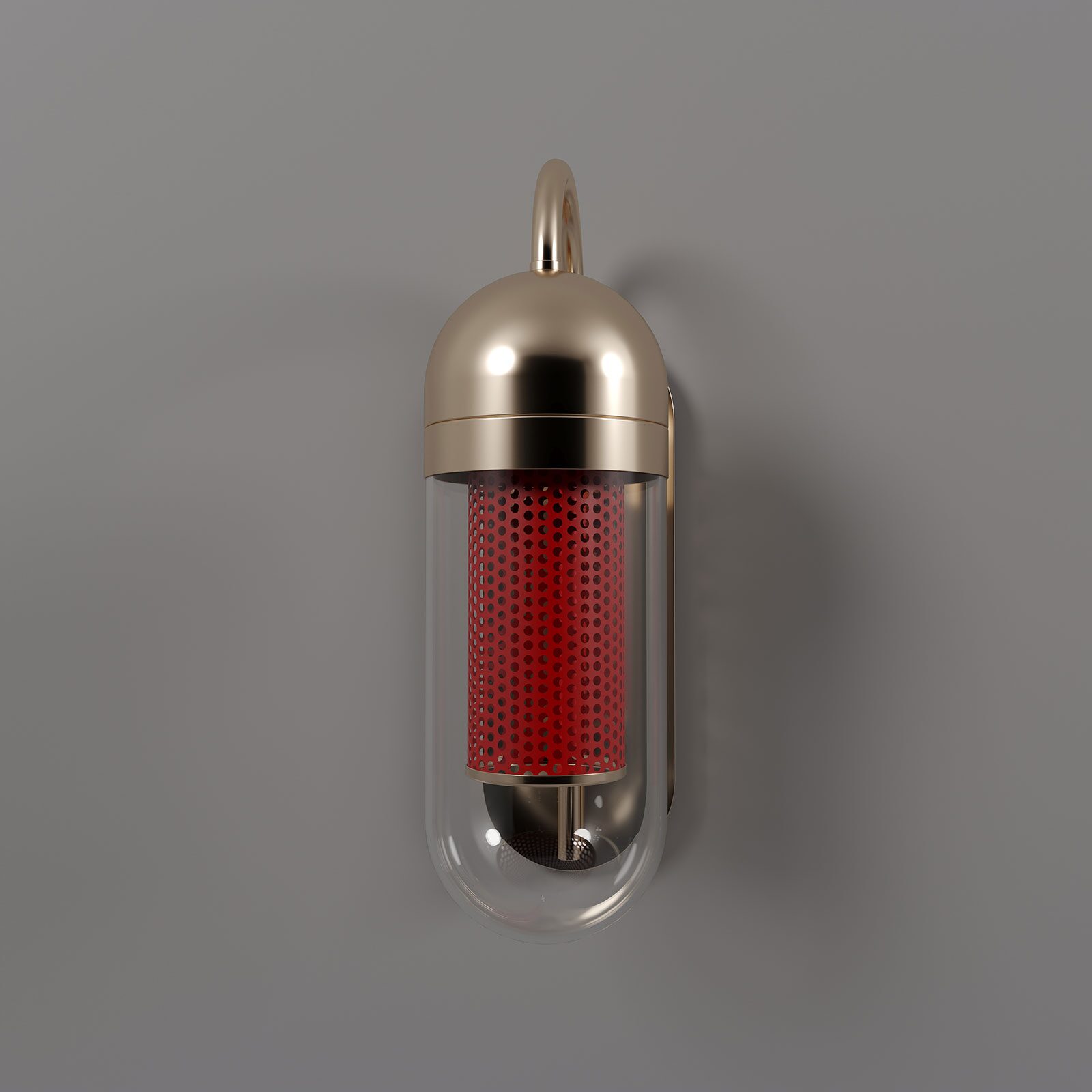 Denver Wall Lamp A clean, front-facing studio shot of the Denver Wall Lamp featuring the red lacquered perforated stainless steel core, shown turned off. The contrast between the bright red mesh, the clear glass capsule, and the polished brass hardware is clearly visible against a minimalist light grey background, highlighting the lamp's contemporary industrial silhouette.