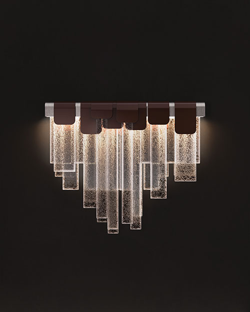 Frostlight wall lamp illuminated against a dark background, crafted from artisanal glass and lacquered stainless steel.