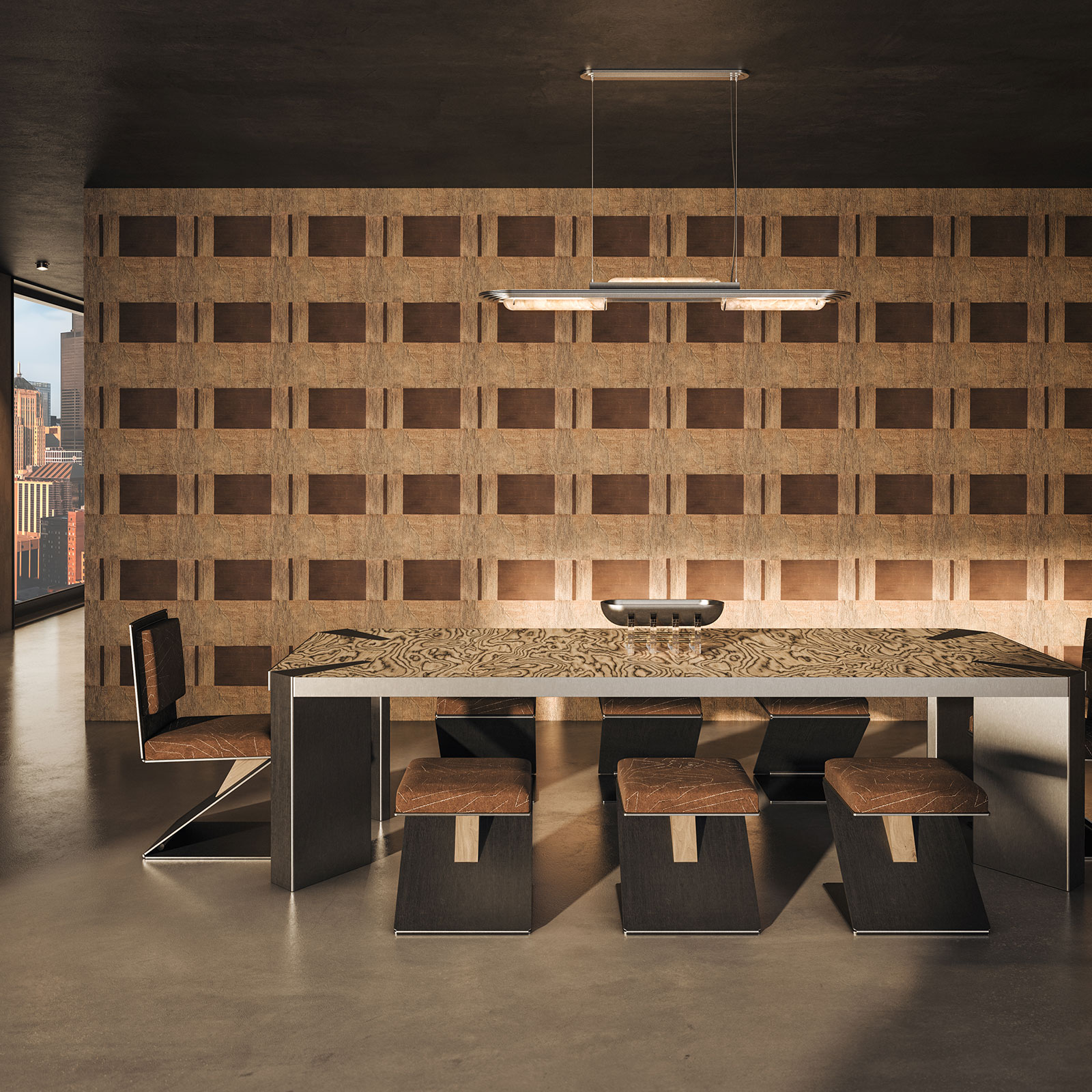 Vermilion Dining Table Warm-toned dining room featuring the Vermilion dining table and Lombard stool and dining chair by Porus Studio, illuminated by a Chrysler suspension lamp, with city views through the window