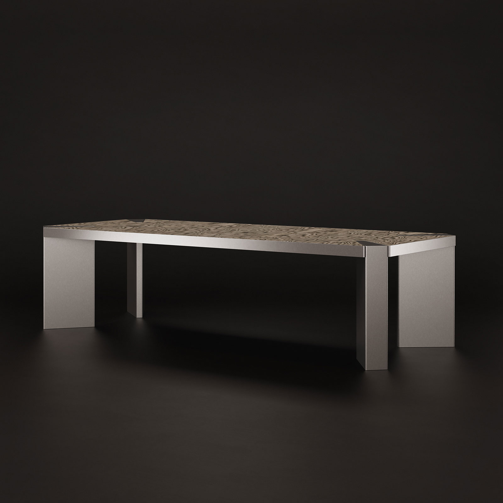 Vermilion Dining Table Vermilion dining table at a 45-degree angle on a dark background, in brushed silver stainless steel with ALPI Sottsass Grey multilaminar wood veneer