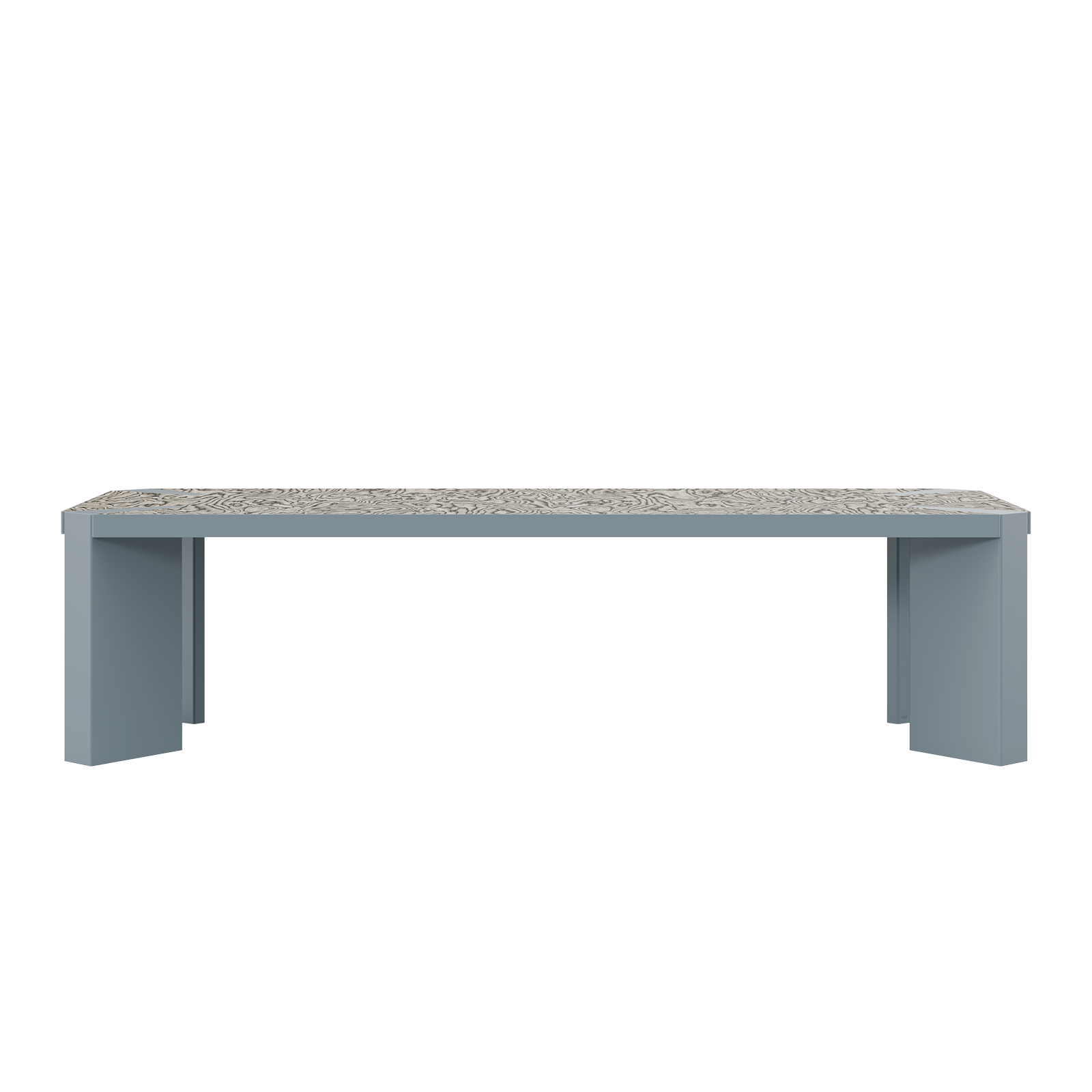 Vermilion Dining Table Front view of the Vermilion dining table featuring a grey blue lacquered stainless steel structure and ALPI Sottsass Grey multilaminar wood veneer