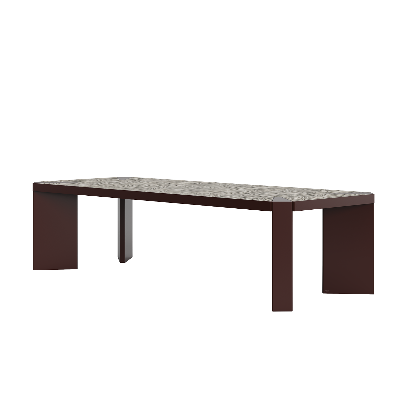 Vermilion Dining Table Vermilion dining table at a 45-degree angle in cocoa bean lacquered stainless steel with ALPI Sottsass Grey multilaminar wood veneer