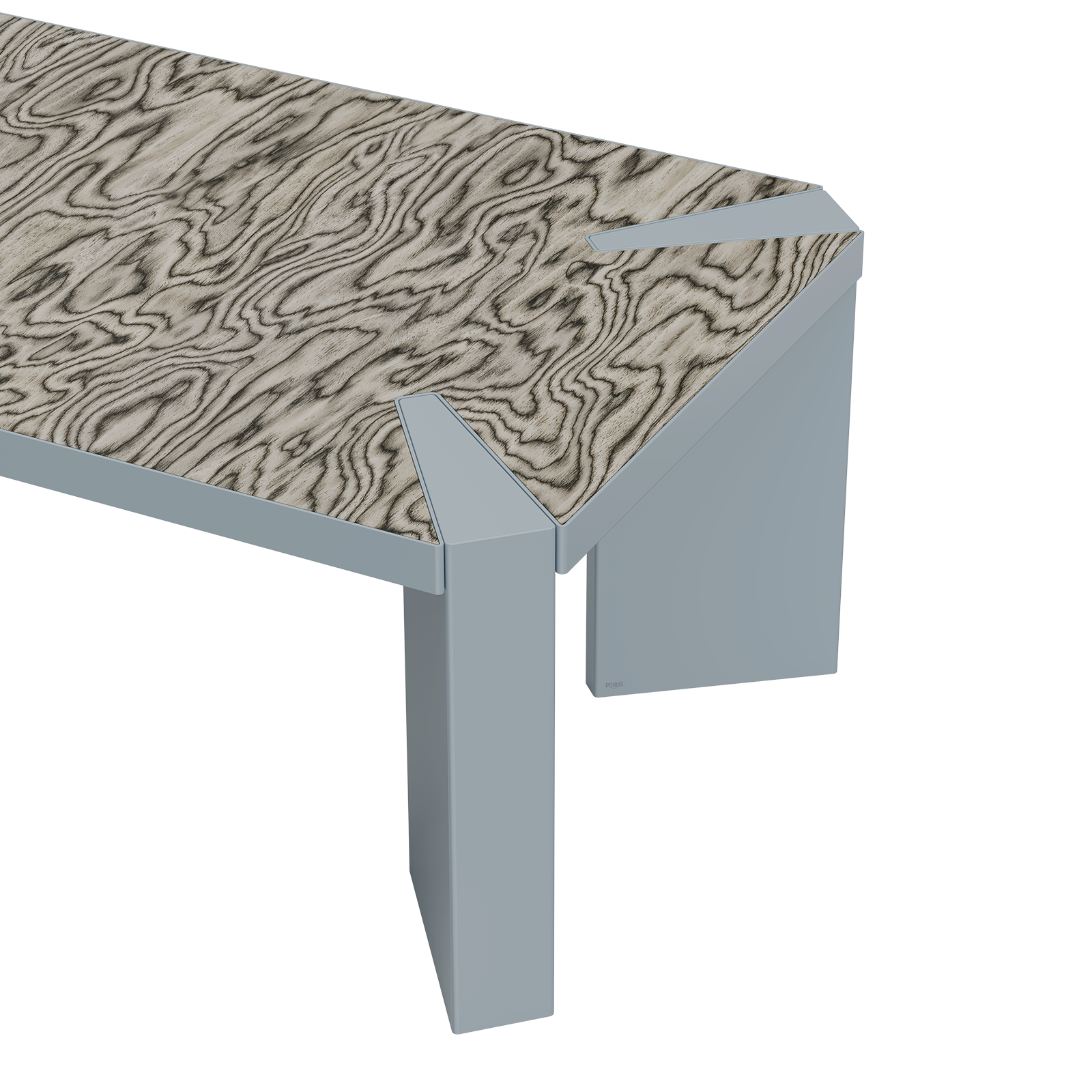 Vermilion Dining Table Close-up detail of the Vermilion dining table showcasing ALPI Sottsass Grey multilaminar wood veneer and grey blue lacquered stainless steel.