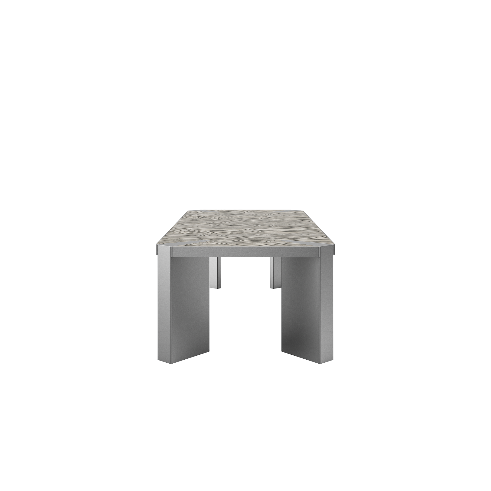 Vermilion Dining Table Vermilion dining table side view in brushed silver stainless steel with ALPI Sottsass Grey multilaminar wood veneer