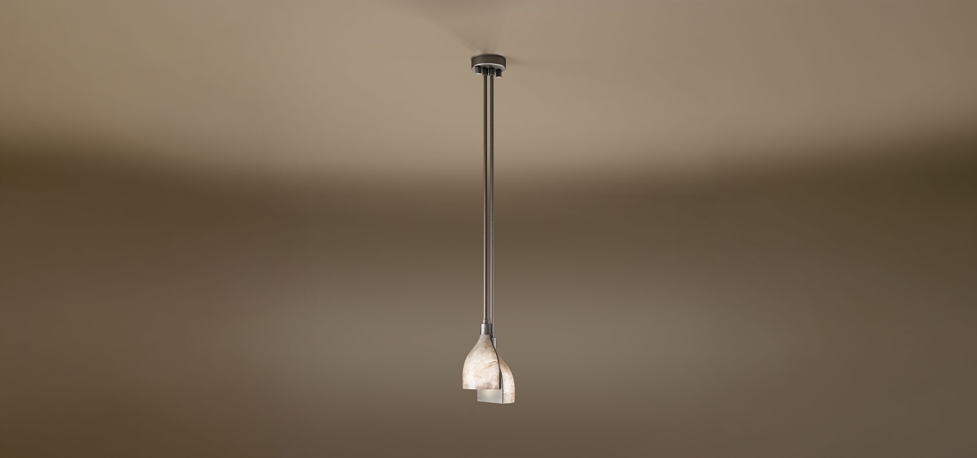 A wide-angle shot of the Foundry pendant lamp hanging from a beige ceiling. The lamp features a sleek stainless steel structure with two vertical rods holding a layered, curved shade made of translucent white alabaster.