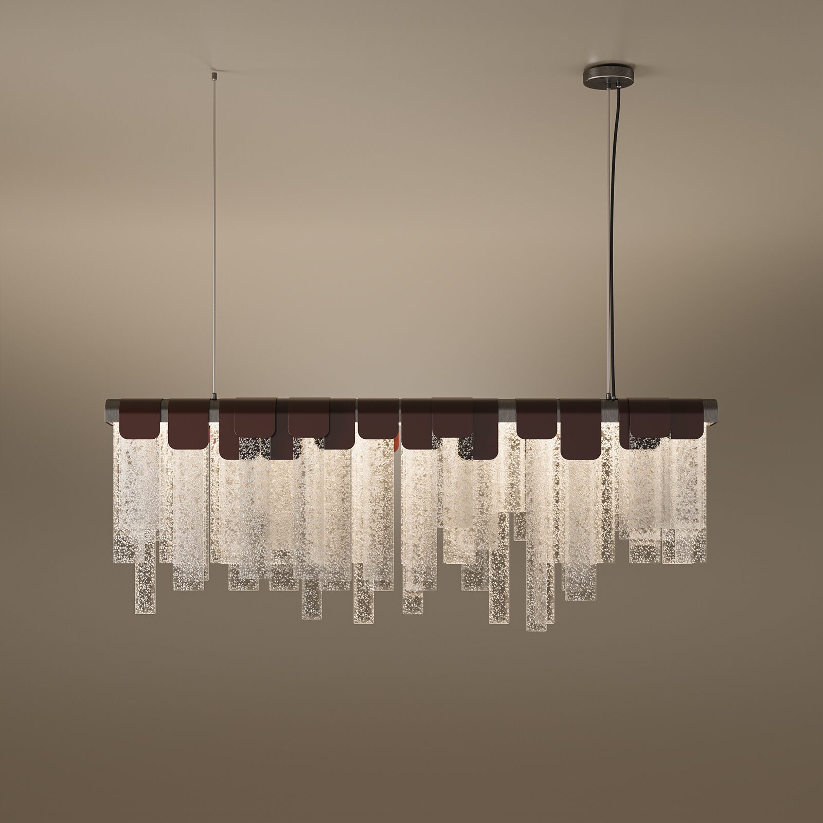 O Gemini disse The Frostlight Suspension Lamp is a striking linear chandelier that explores the intersection of industrial structure and ethereal, organic light diffusion. It is designed to act as a dramatic overhead centerpiece, particularly suited for dining tables or long kitchen islands.