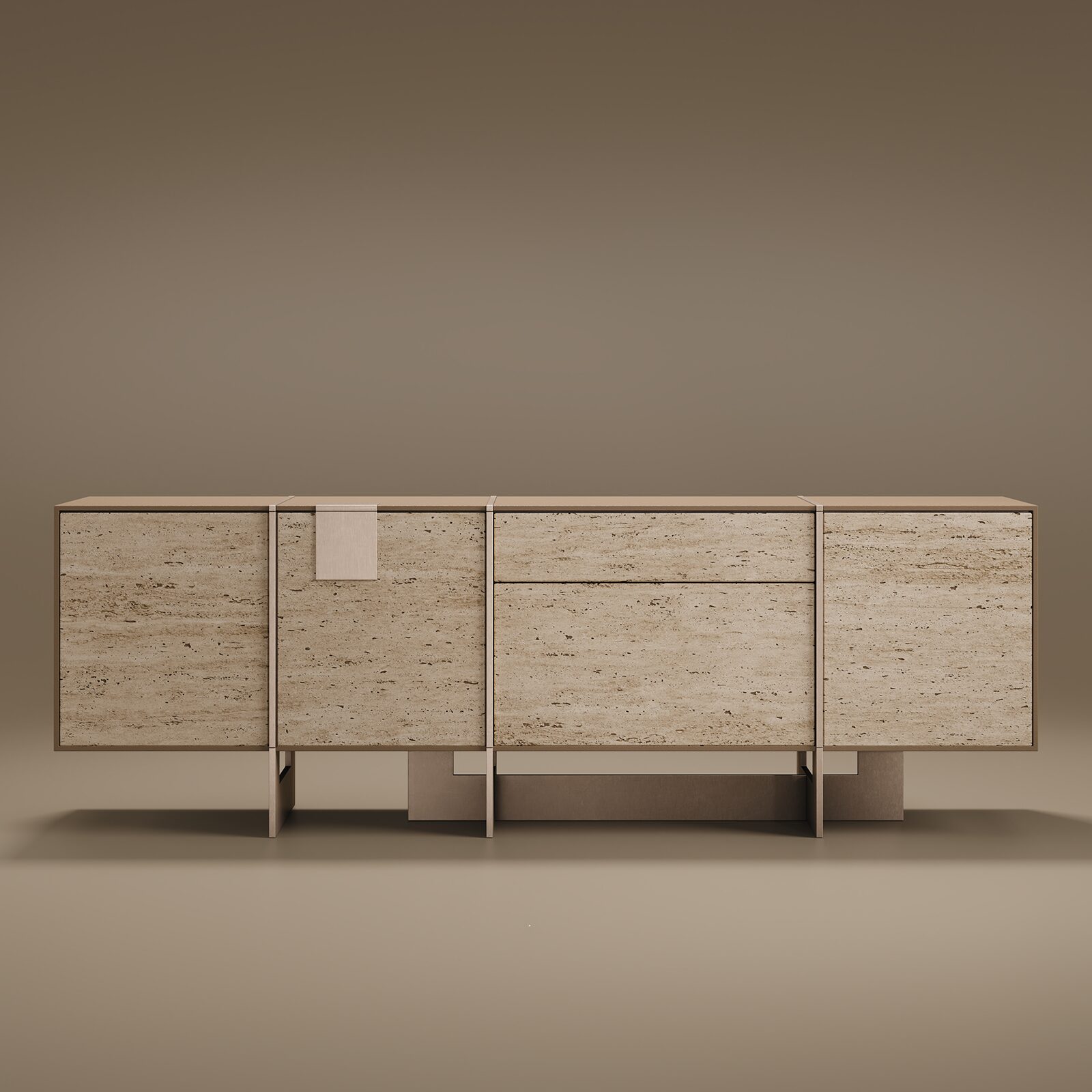 O Gemini disse The Coloma Sideboard is a masterclass in Brutalist-inspired minimalism, emphasizing raw material beauty and architectural precision. Designed with a focus on tactile luxury, it contrasts the heavy, porous nature of stone with sleek, industrial metal accents.