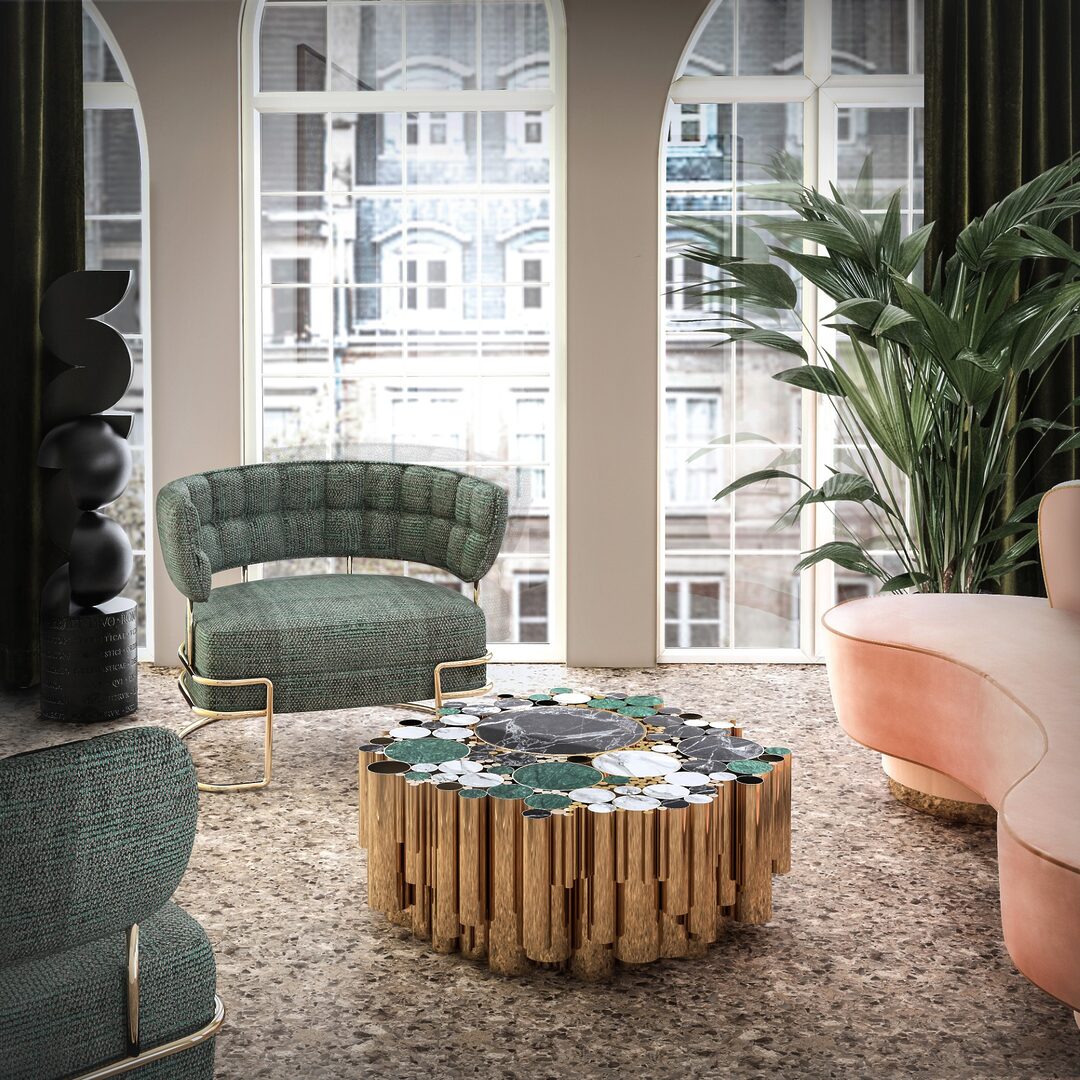 Madison popular armchair with wanderlust center table and hedy sofa