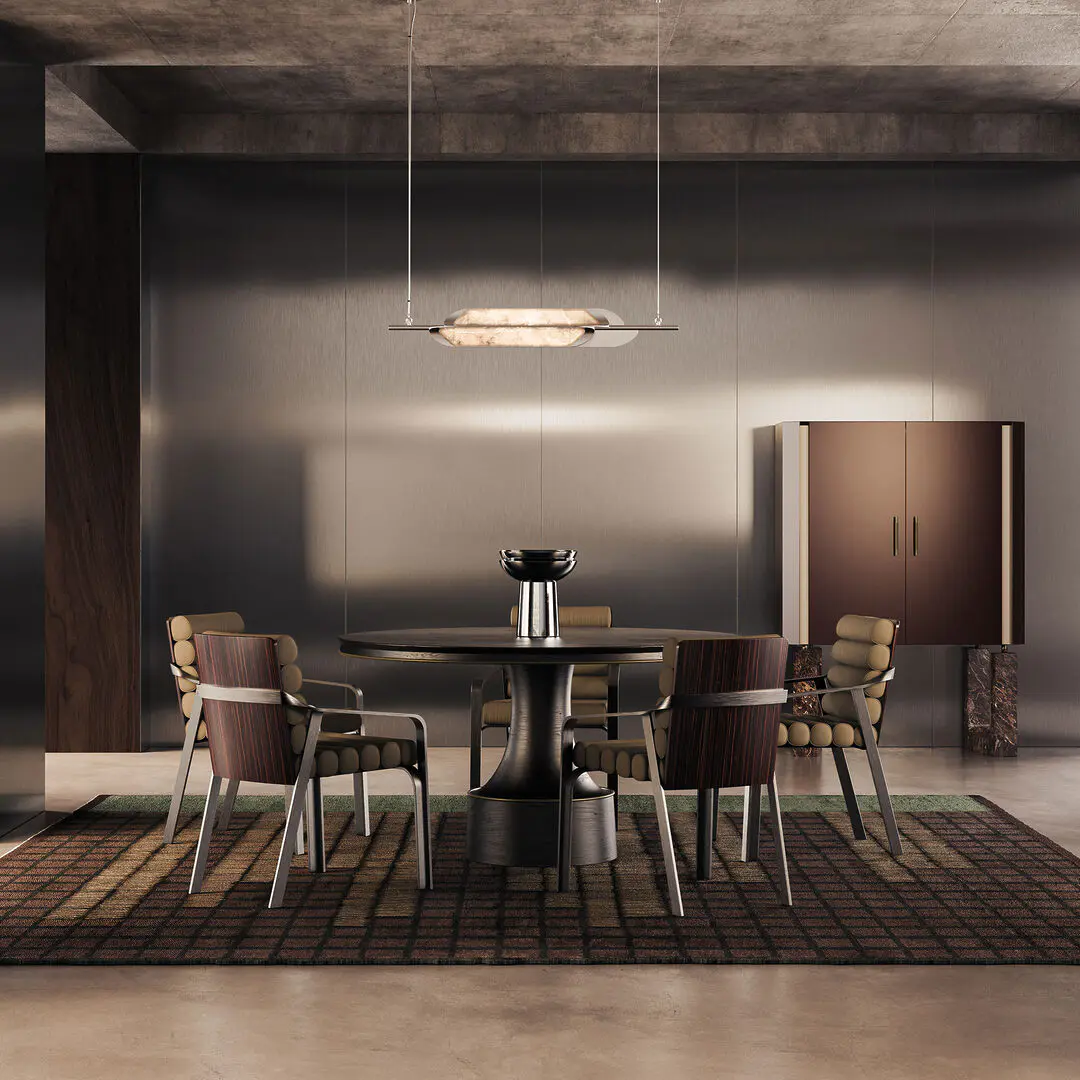Ohio dining chair in a dark-toned curated dining room, paired with the buck dining table in black-stained ashwood, glacier ii pendant lamp in alabaster, and lincoln cabinet with emperador marble legs.