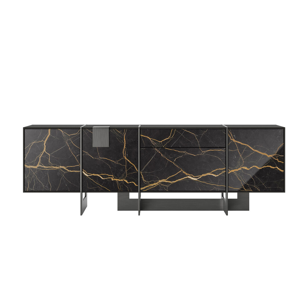 Coloma sideboard font view with brushed gun metal details and saint laurent marble.