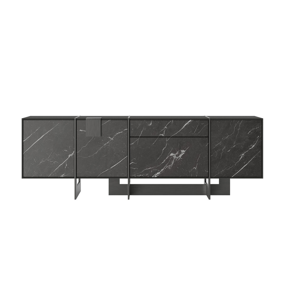 Front view of the coloma sideboard featuring grey kendzo marble doors and a brushed gunmetal finish.