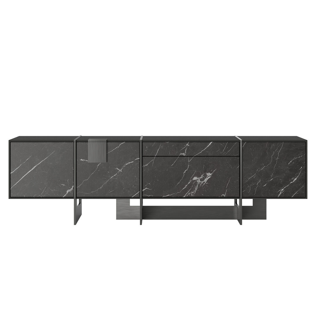 Front view of the coloma tv unit featuring grey kendzo marble doors and a brushed gunmetal finish.