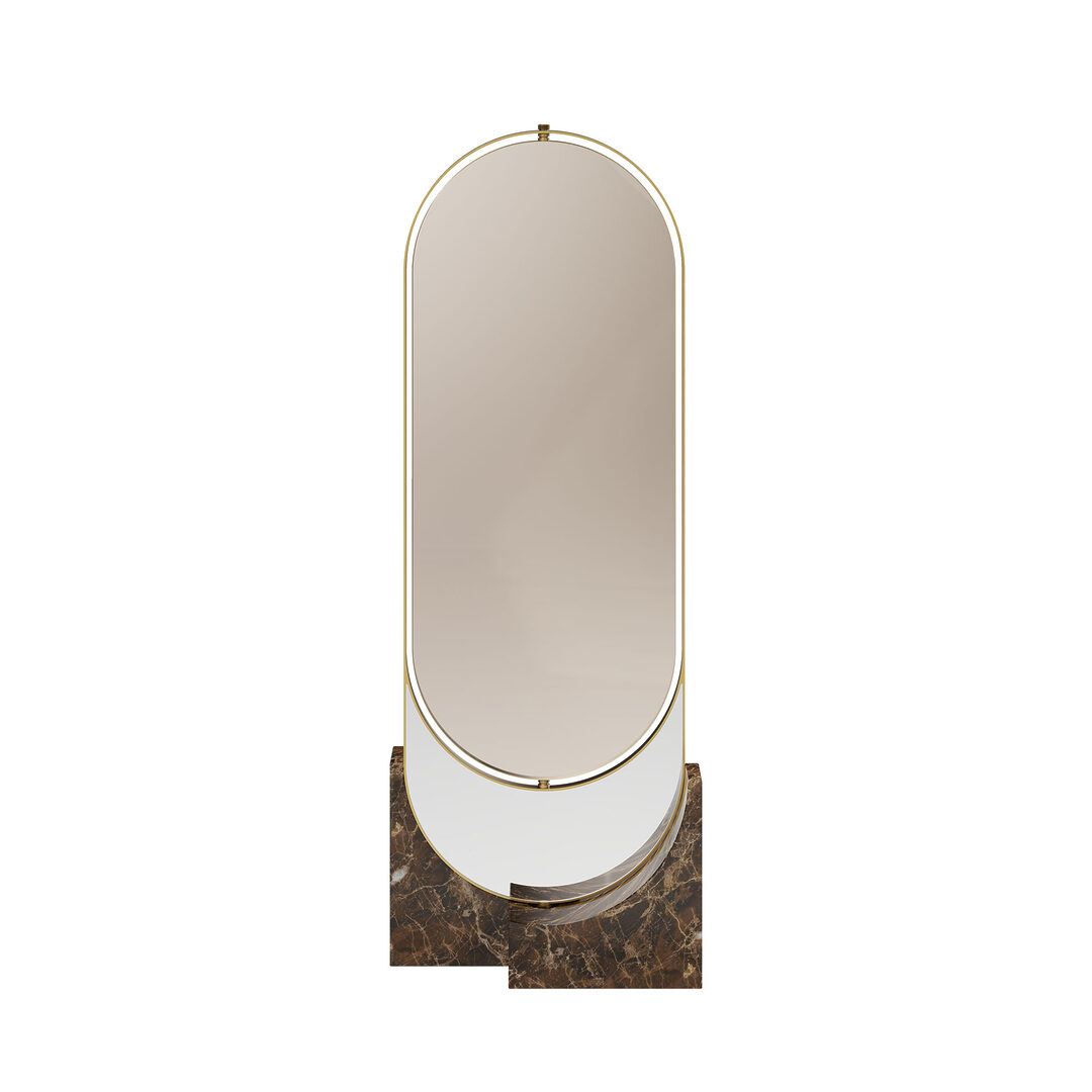 Hidden mirror with curved lines, featuring an emperador marble base, brushed gold steel details, and a combination of bronze and gris mirror. The piece is positioned facing the viewer.