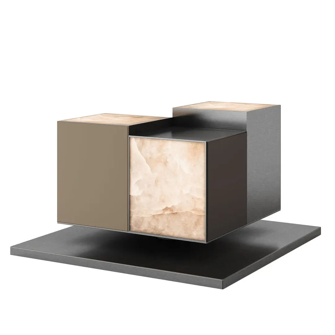 Hudson side table in green background turning on and off. Structured in steel, the hudson side table showcases a geometric silhouette that mirrors the layered skyline of hudson yards. The natural alabaster panels gently light up, casting a warm, atmospheric glow that highlights the stone’s translucent beauty.
