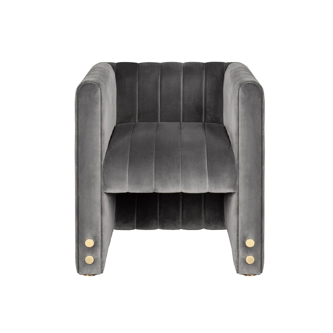 Inglewood dining chair front view, upholstered in velvet with polished gold steel details.